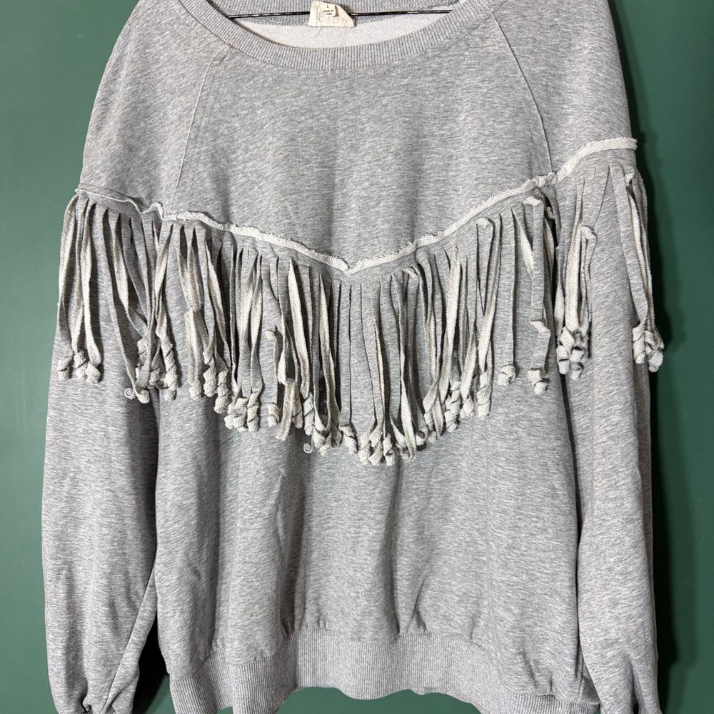 BiBi Vintage Fringe Sweatshirt Grey Boho Western Size L